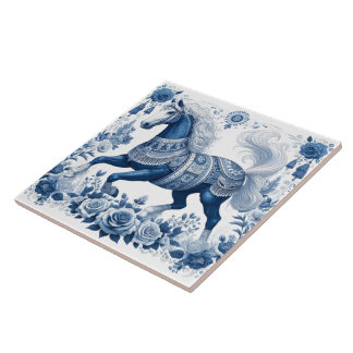 Cobalt Stallion: Botanical Majesty Tile