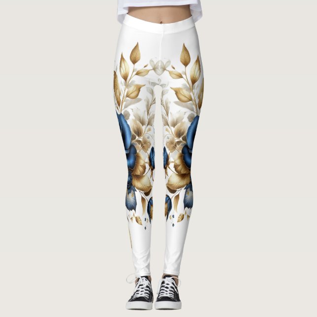 Cobalt White Flowers Leggings (Front)