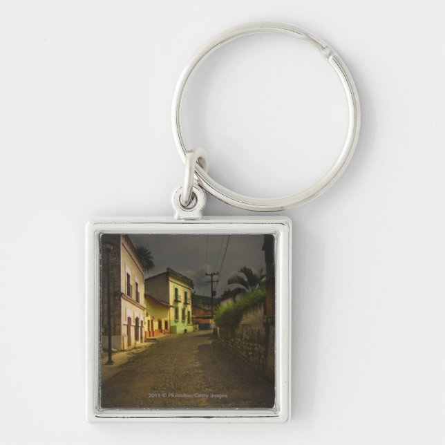 Cobblestone Road & Yellow Buildings in Mexico Key Ring (Front)