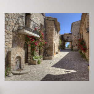 Cobblestone street, stone buildings, historic poster