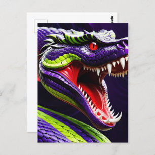 Cobra snake with vibrant green and purple scales postcard