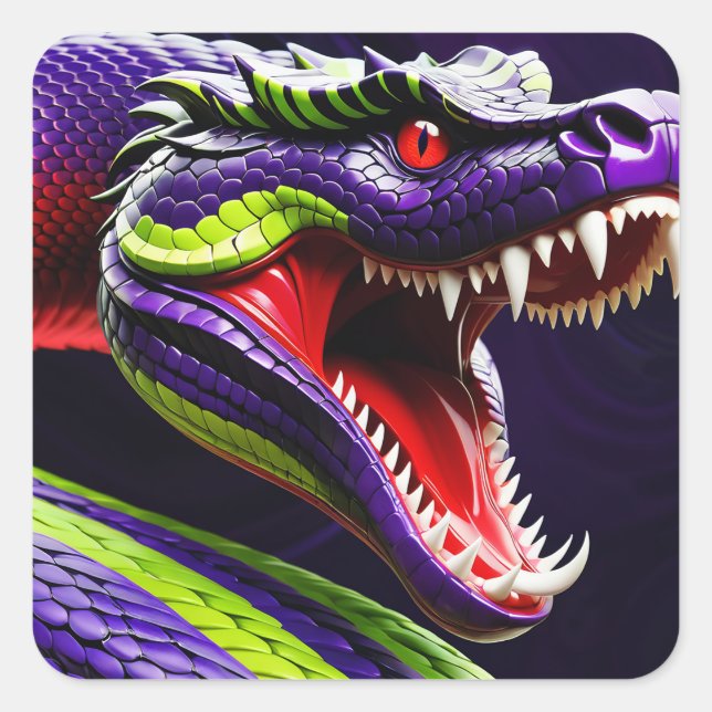 Cobra snake with vibrant green and purple scales square sticker (Front)