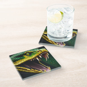 Cobra snake with vibrant green and yellow scales  glass coaster