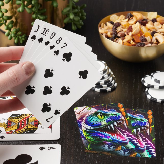 Cobra snake with vibrant turquoise and blue scales playing cards (In Situ)