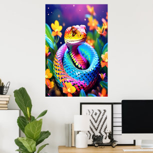 Cobra snake with vibrant turquoise pink and yellow poster