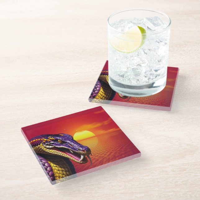 Cobra snake with vvibrant purple and yellow scales glass coaster (Angled)