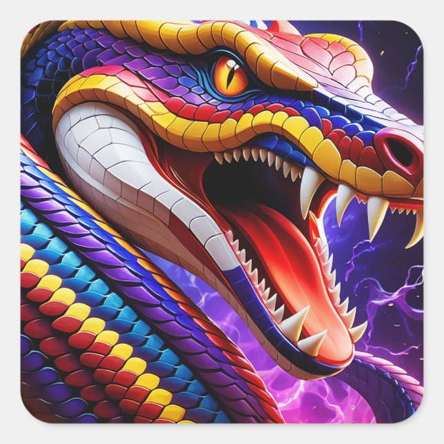 Cobra vibrant red blue and yellow scales  square sticker (Front)