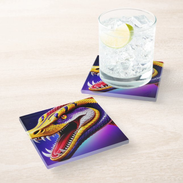 Cobra vibrant red purple white and yellow scales  glass coaster (Angled)
