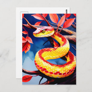 Cobra with vibrant red and yellow scales in tree postcard