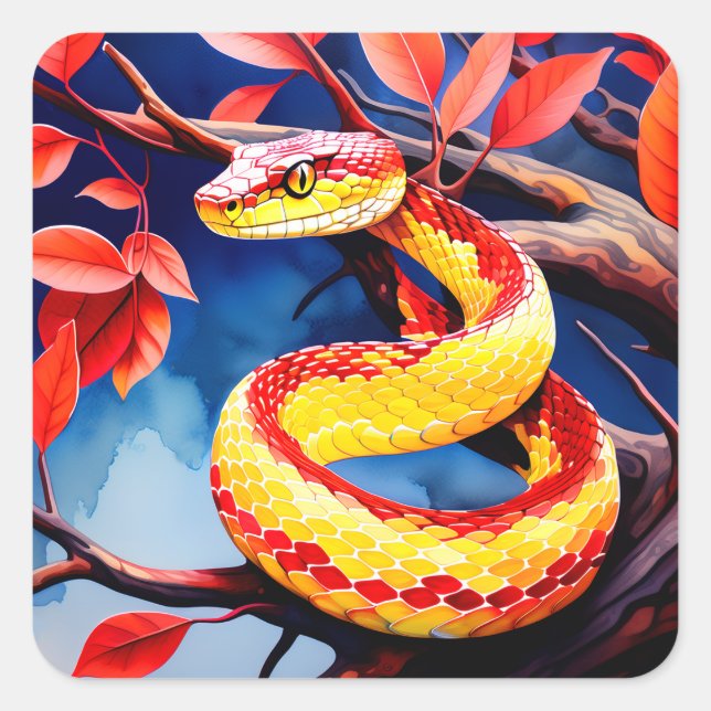 Cobra with vibrant red and yellow scales in tree square sticker (Front)