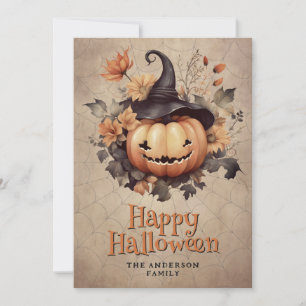 Cobweb Pumpkin In A Hat Happy Halloween Card
