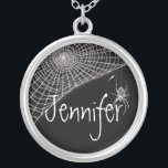 Cobwebs and White Spiders Silver Plated Necklace<br><div class="desc">Delicate cobwebs and white spiders on a black background. These are a great party favour.</div>