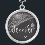 Cobwebs and White Spiders Silver Plated Necklace<br><div class="desc">Delicate cobwebs and white spiders on a black background. These are a great party favour.</div>