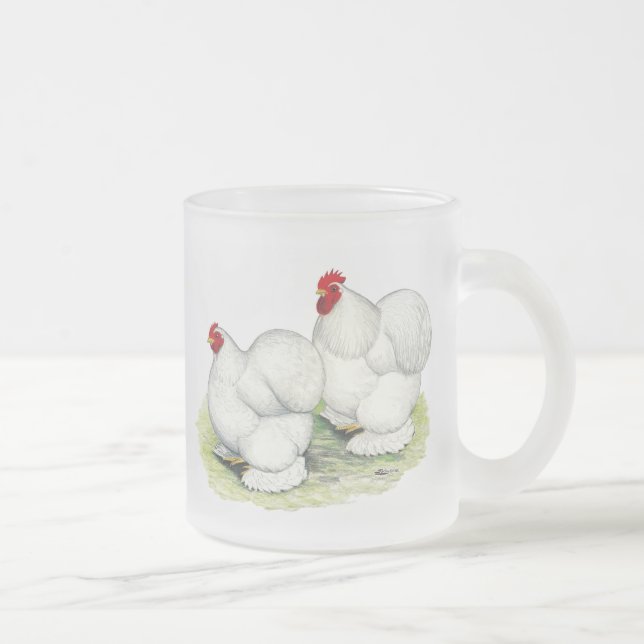 Cochin:  White Bantams Frosted Glass Coffee Mug (Right)