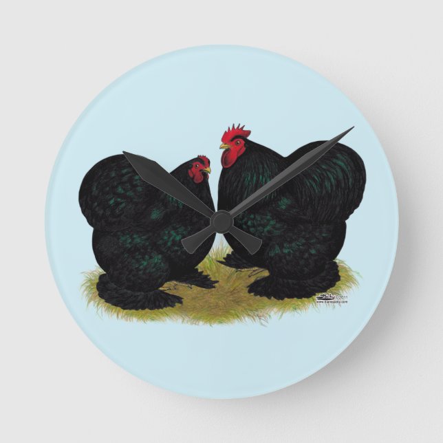 Cochins Black Bantam Pair Round Clock (Front)
