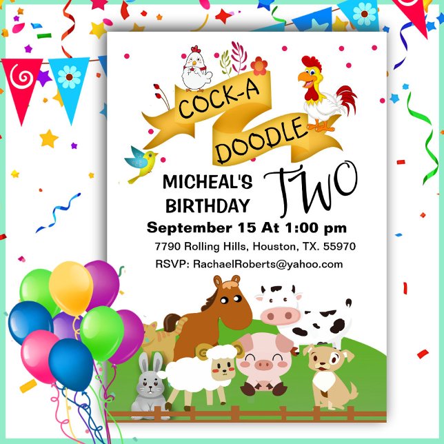  Cock-A-Doodle Two Animals Birthday  Invitation (Creator Uploaded)