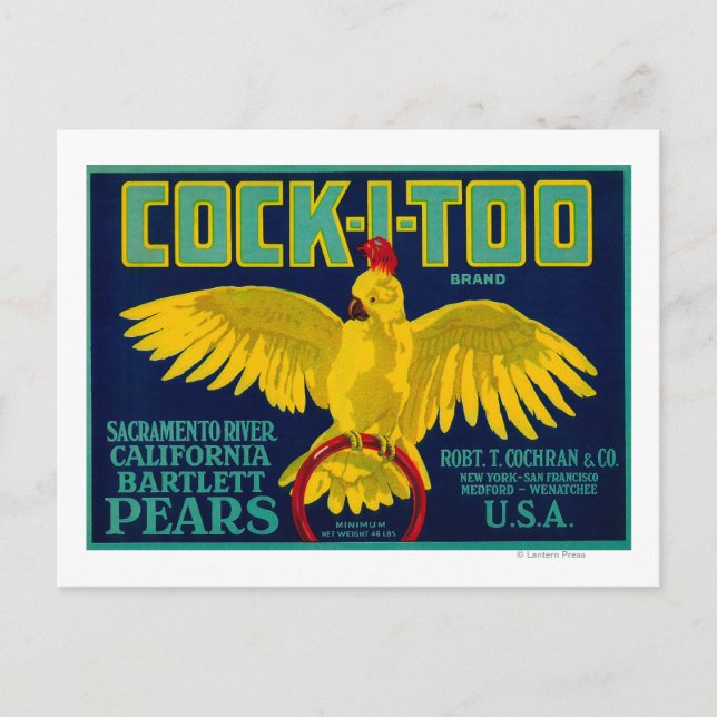 Cock-I-Too Pear Crate Label Postcard (Front)