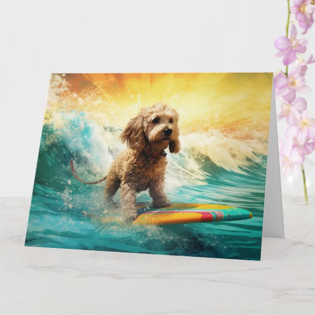 Cockapoo Beach Surfing Painting  Card (Orchid)