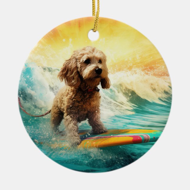 Cockapoo Beach Surfing Painting  Ceramic Tree Decoration (Front)