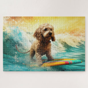 Cockapoo Beach Surfing Painting Jigsaw Puzzle