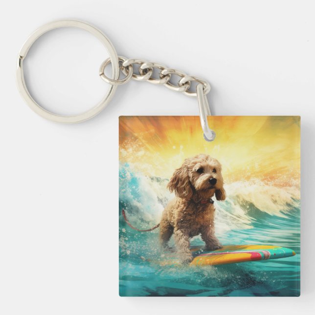 Cockapoo Beach Surfing Painting  Key Ring (Front)