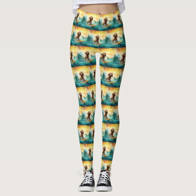 Cockapoo Beach Surfing Painting  Leggings (Front)