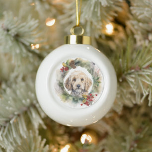 Cockapoo Christmas Wreath Festive Pup Ceramic Ball Christmas Ornament