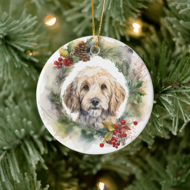 Cockapoo Christmas Wreath Festive Pup  Ceramic Tree Decoration (Tree)