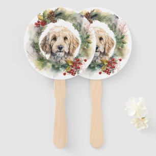 Cockapoo Christmas Wreath Festive Pup  Hand Fan