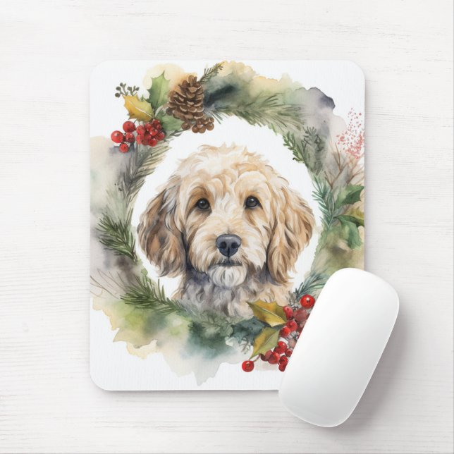 Cockapoo Christmas Wreath Festive Pup  Mouse Mat (With Mouse)