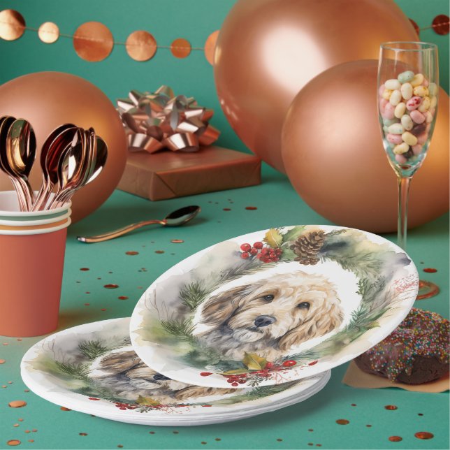 Cockapoo Christmas Wreath Festive Pup  Paper Plate (Multi)