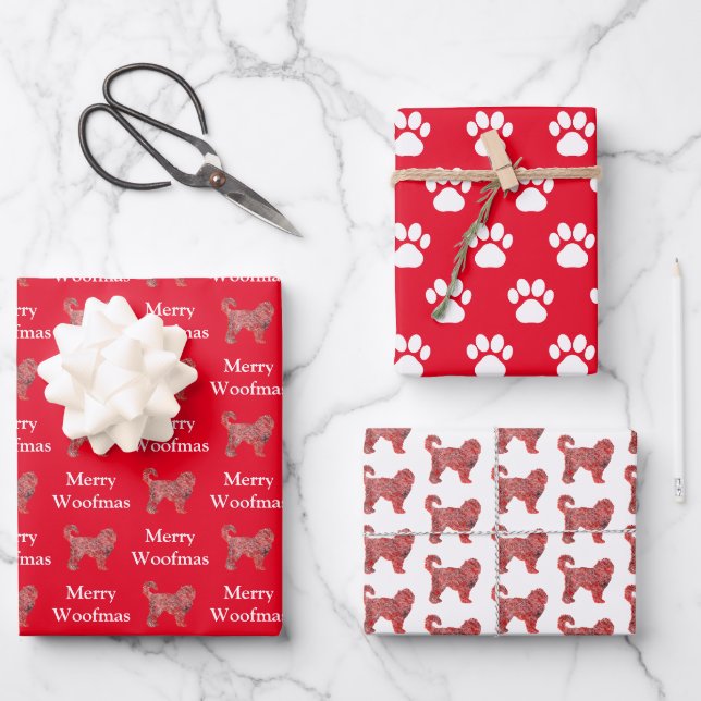 Cockapoo Cute Dog Silhouette Red Merry Woofmas Wrapping Paper Sheet (Front)