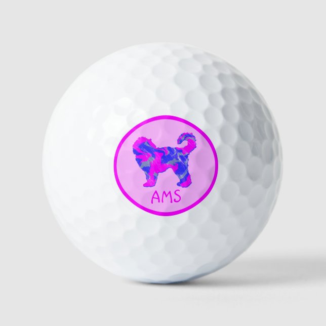 Cockapoo Cute Pink Dog Silhouette Monogram Golf Balls (Front)