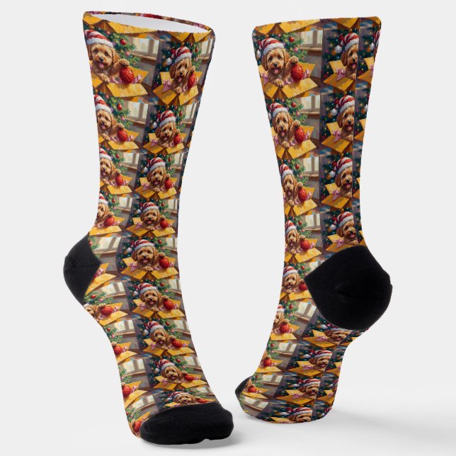 Cockapoo Dog Christmas Gift Box Surprise Socks (Angled)