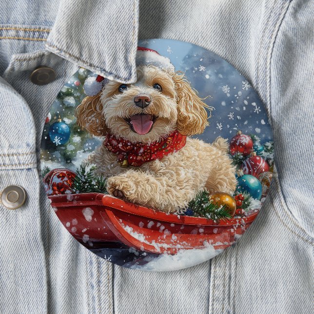 Cockapoo Dog in Sledge Let it Snow Christmas 6 Cm Round Badge (In Situ)