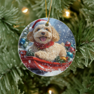 Cockapoo Dog in Sledge Let it Snow Christmas Ceramic Tree Decoration
