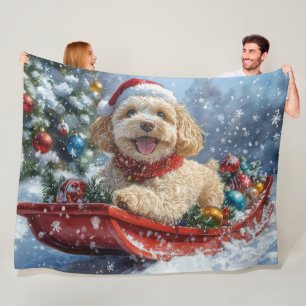 Cockapoo Dog in Sledge Let it Snow Christmas Fleece Blanket
