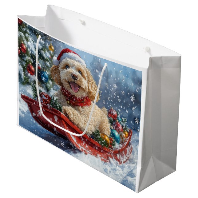 Cockapoo Dog in Sledge Let it Snow Christmas Large Gift Bag (Front Angled)
