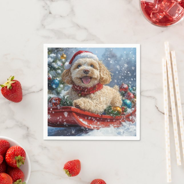 Cockapoo Dog in Sledge Let it Snow Christmas Napkin (Insitu)
