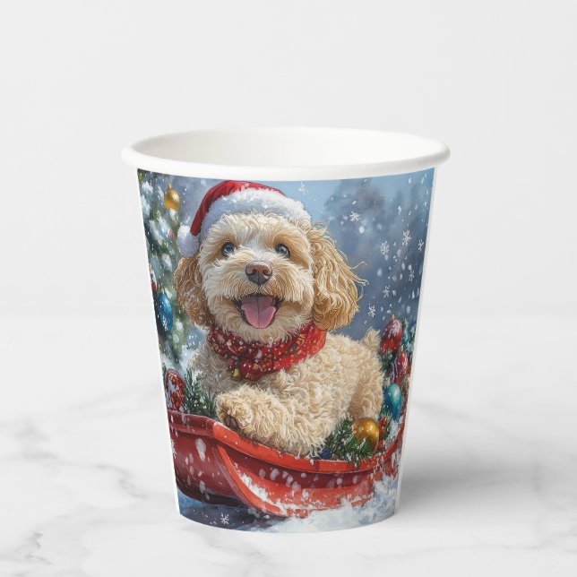 Cockapoo Dog in Sledge Let it Snow Christmas Paper Cups (Front)