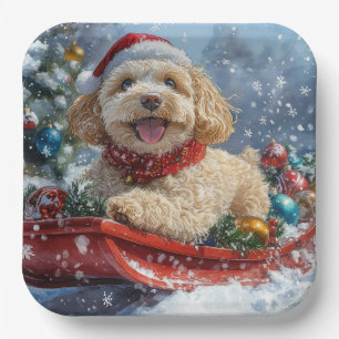 Cockapoo Dog in Sledge Let it Snow Christmas Paper Plate