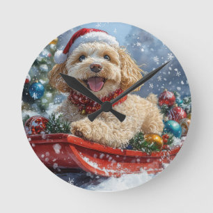 Cockapoo Dog in Sledge Let it Snow Christmas Round Clock