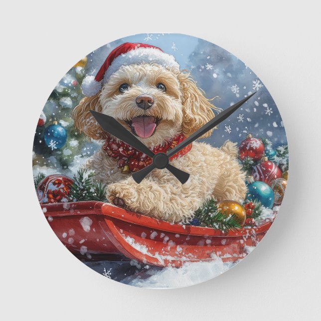 Cockapoo Dog in Sledge Let it Snow Christmas Round Clock (Front)