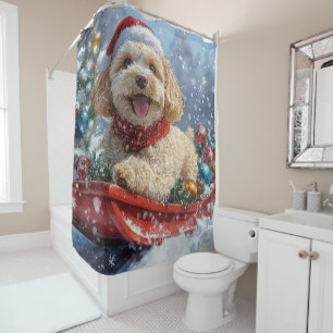 Cockapoo Dog in Sledge Let it Snow Christmas Shower Curtain