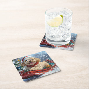 Cockapoo Dog in Sledge Let it Snow Christmas Square Paper Coaster