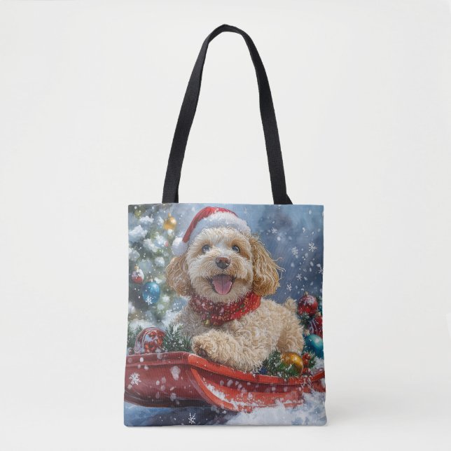 Cockapoo Dog in Sledge Let it Snow Christmas Tote Bag (Front)