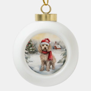Cockapoo Dog in Snow Christmas  Ceramic Ball Christmas Ornament