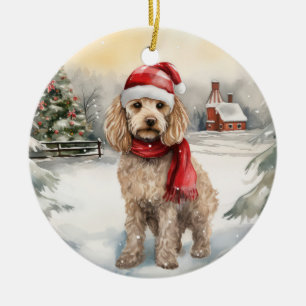 Cockapoo Dog in Snow Christmas  Ceramic Tree Decoration