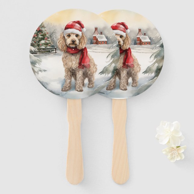 Cockapoo Dog in Snow Christmas  Hand Fan (Front and Back)
