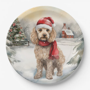 Cockapoo Dog in Snow Christmas  Paper Plate